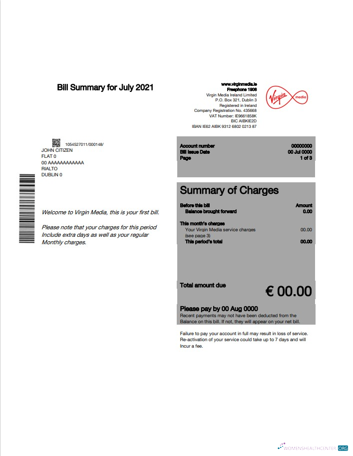 download Ireland Virgin Media utility bill template editable in Word and PDF, version 1 PDF template